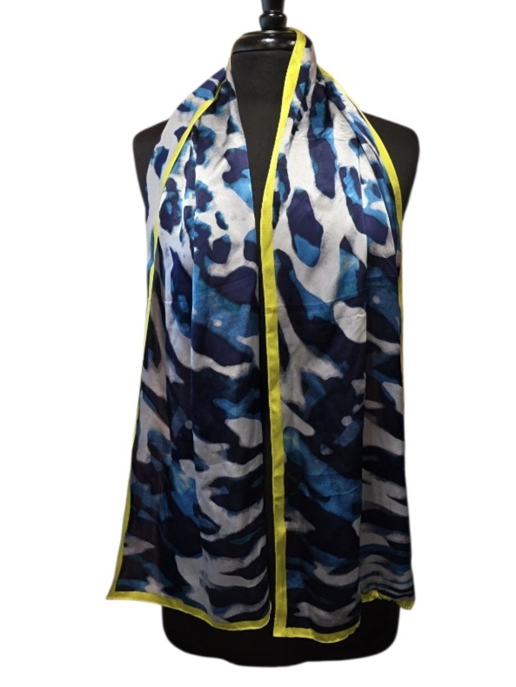 Anne Klein Silk Scarf Blue Navy White Patterned Scarf With Yellow Trim